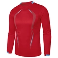 Detail of red athletic compression shirt with breathable mesh fabric and blue accents - Red