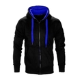 Detail of men's slim fit zip hoodie with electric blue hood lining and drawstring - M / Zip-up Hooded Style / Black/Blue