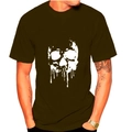Close-up detail of a dark crew neck T-shirt with white dripping ink skull graphic print - M / Army Green