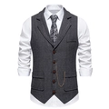 Men's retro dark grey herringbone tweed vest with lapel and gold chain detail - Black