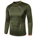 Detail of army green breathable long-sleeved compression gym shirt with orange accents - Army Green