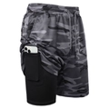 Detail der 2-in-1 Camo-Laufshorts mit versteckter Handytasche auf schwarzer Innenseite - S / Camouflage Dunkelgrau