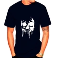 Detail of street style men's black cotton T-shirt featuring white skull graphic print - M / Black