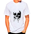 Men's white round neck short sleeve T-shirt with black ink drip skull print design - M / White