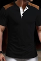 Men's black Henley shirt with brown suede shoulder patches and white button placket - S / Black