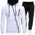 Men's outdoor sports tracksuit featuring asymmetric zipper hoodie and slim black jogger - White