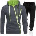 Men's outdoor sports tracksuit featuring grey asymmetrical zip hoodie with green lining - Dark Gray