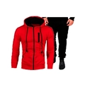 Men's casual red hooded tracksuit set with zip-up hoodie and black joggers for sports - Red