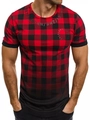Detailed view of red buffalo plaid men's t-shirt with black rib neckline and chest prints - M / Red/Black Plaid