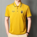 Bright yellow men's polo shirt with striped collar and chest embroidery details - M / Yellow