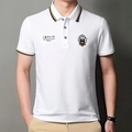 Classic white men's short sleeve business polo shirt with striped collar and chest embroidery - M / White