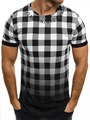 Detail shot of men's checkerboard t-shirt showing gradient pattern and black ribbed neckline - M / White