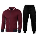 Detailed macro view of burgundy quilted jacket with white striped collar and black joggers - S / Top And Bottom / Wine Red and Black
