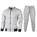 Men's light grey tracksuit set with quilted diamond texture and zip-up stand collar - S / Top And Bottom / Light Gray