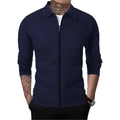 Dunkelblaue Herren-Strickjacke mit Waffelstruktur, Reißverschluss, Umlegekragen und Langarm - Marineblau