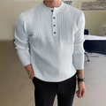 Slim fit men's white ribbed knit sweater with a henley button neck for casual autumn wear - White