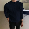 Men's navy blue turtleneck knit sweater with buttoned henley neck and ribbed texture - S / Tops / Navy Blue