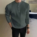 Men's slim fit dark grey-green rib-knit henley sweater with long sleeves and buttons - S / Tops / Dark Gray