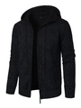 Detail of men's hooded zip-up sports cardigan with knit texture and drawstring hood - S / Black