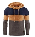 Detail view of men's color-block hoodie featuring textured square knit jacquard fabric - S / Navy/Orange