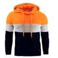 Men's tricolor block waffle knit hoodie in orange, grey, and navy blue with drawstrings - S / Orange