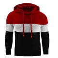 Detail of color-block knit hoodie showing red and black waffle texture and hood drawstring - S / Red