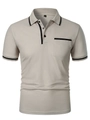 Detail of piqué fabric texture and contrast black trim on men's beige polo shirt pocket - Light Gray