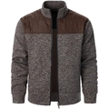 Detail of men's zip-up cardigan with brown quilted shoulder patches and knit texture - Coffee