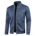 Detail view of blue-white knit cardigan with stand collar and yellow zip accents - S / Navy Blue
