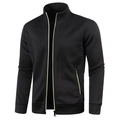Detail view of black men's knit jacket showing neon green zipper and stand collar - S / Black