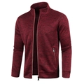 Close-up of heathered red knit sweater jacket showing high collar and zipper details - S / Burgundy