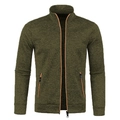 Close-up of army green knit jacket featuring orange contrast piping and zipper pockets - S / Army Green