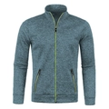 Close-up of heather blue-grey knit jacket with vibrant lime green zipper details - S / Denim Blue