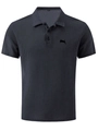 Macro detail of dark grey waffle knit polo shirt showing lapel collar and leopard logo - Dark Gray