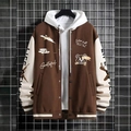 Herren Baseballjacke im American Streetwear-Stil mit Bären-Grafik und Kapuze auf Netzgitter - Kaffeebraun