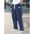 Men's navy blue parachute pants featuring white side stripes and drawstring waist - S / Navy Blue