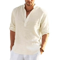Detail view of men's linen henley shirt showing fabric texture and buttoned neckline - Apricot