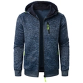 Detail shot of men's marl blue knit hoodie with neon green zippers and size S tag - Navy Blue
