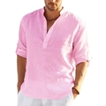 Close-up of pink linen shirt featuring a mandarin collar and adjustable buttoned sleeves - Pink