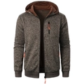 Detailed view of men's knitted heather jacket with orange contrast zipper pockets - Coffee