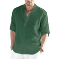 Detail of forest green men's linen shirt showing the classic Henley collar and buttons - Dark Green