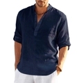 Men's navy blue linen long sleeve shirt with a mandarin collar and casual loose fit - Navy Blue