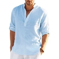 Men's light blue linen long sleeve henley shirt with breathable casual loose fit fabric - Light Blue