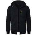 Detail of men's hooded jacket featuring neon green zippers and heather knit texture - Black