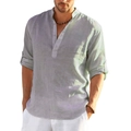 Men's loose linen long sleeve shirt in sage green with mandarin collar and three buttons - S / Tops / Gray