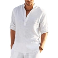 Men's loose white linen long sleeve henley shirt with mandarin collar and roll-up sleeves - S / Tops / White