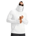 Close-up of white sun protection jacket featuring built-in face mask and thumbhole cuffs - White