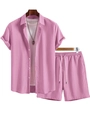 Dettaglio della camicia rosa a maniche corte e pantaloncini con coulisse in tessuto lino - S / Rosa Viola