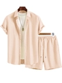 Set estivo da uomo con camicia rosa, t-shirt bianca e pantaloncini con coulisse - S / Cachi