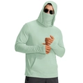 Detail view of the men's sun protection jacket with integrated face mask and thumbholes - Green